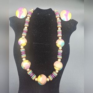 Vintage 80s, Multicolor Wood Beaded Necklace Clip On Earring Set